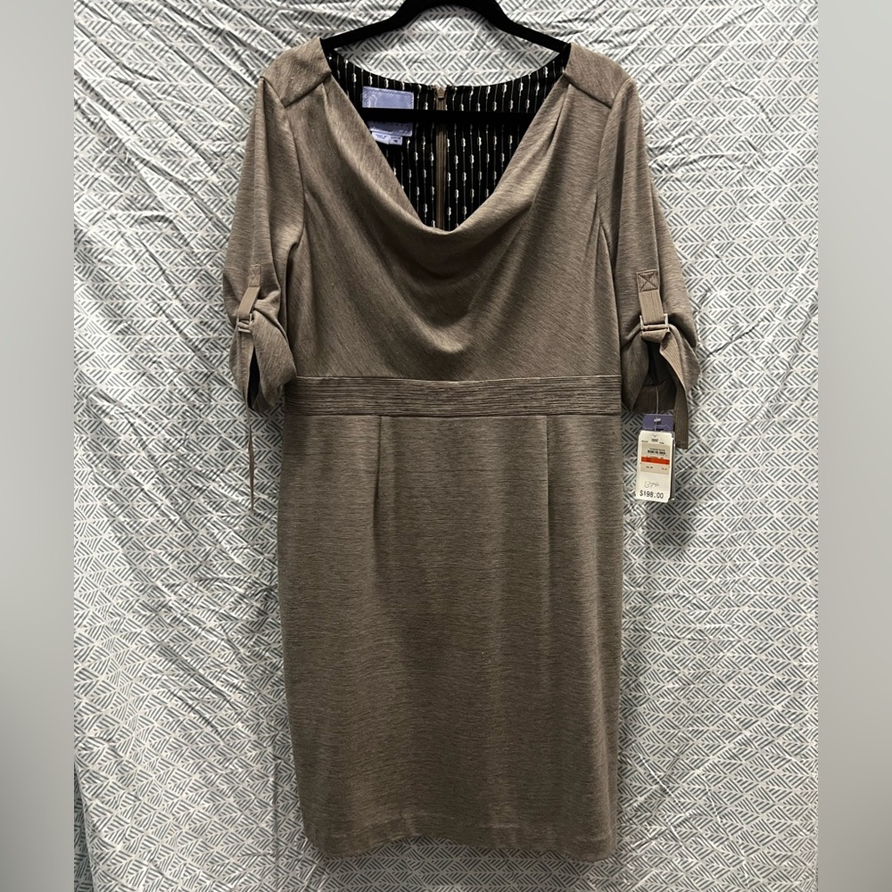 Brown Sheath Dress with Cowl Neck and Cuffed Sleeves